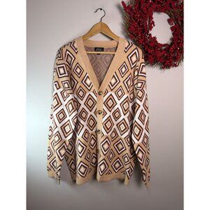 Retro Geometric Diamond Pattern Cardigan Eclectic Granpa Indie LARGE Beige